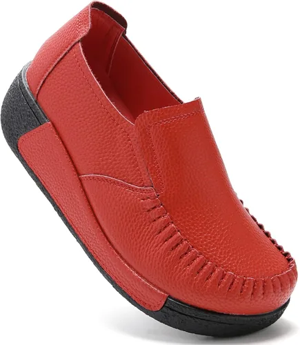 Vista 7 de UZB Mocasines de cuero sin cordones para mujer, cómodos zapatos de plataforma casuales