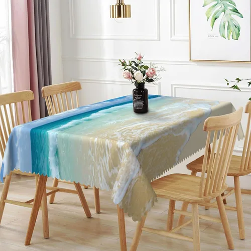 Vista 26 de Mantel oblongo, diseño de playa de 52 x 70 pulgadas, diseño de playa con estrellas de mar y olas de mar, con decoración impermeable y resistente a