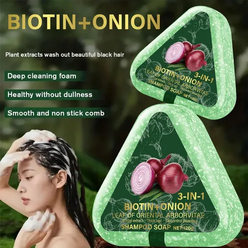 Vista 4 de Barra de champú de cebolla para el crecimiento del cabello, barra de champú de biotina de cebolla 3 en 1 para pérdida de cabello, cabello