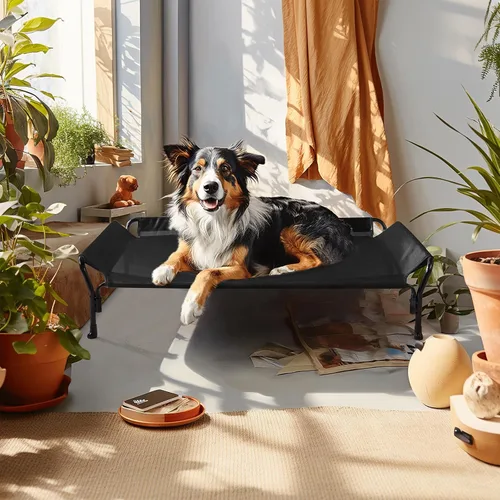 Vista 7 de Veehoo Cama elevada refrescante para perro, cuna elevada para mascotas con barandilla y reposacabezas inclinado, malla Teslin duradera y Negro