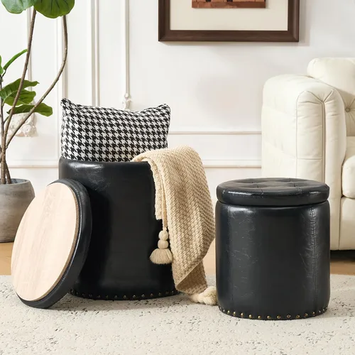 Vista 24 de Royal Windsor Boucle - Juego de 2 otomanas redondas con almacenamiento, taburete pequeño para sala de estar, mesa de centro pequeña, taburete