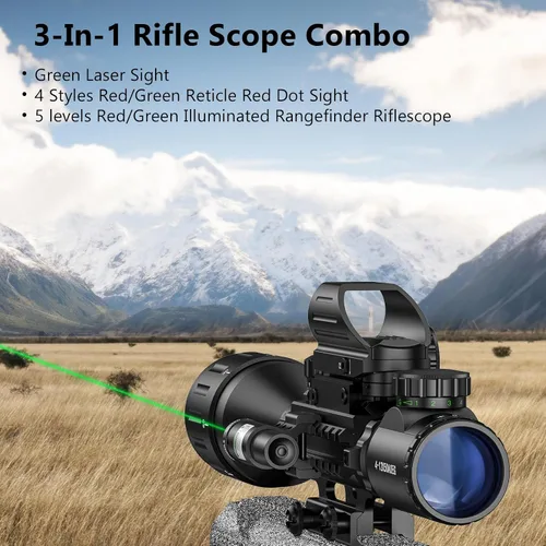 Vista 4 de MidTen 4-16x50 AO Hunting Rifle Scope Dual Illuminated Rangefinder Optics & 4 Holographic Reticle Red/Green Dot Sight & Laser Sight