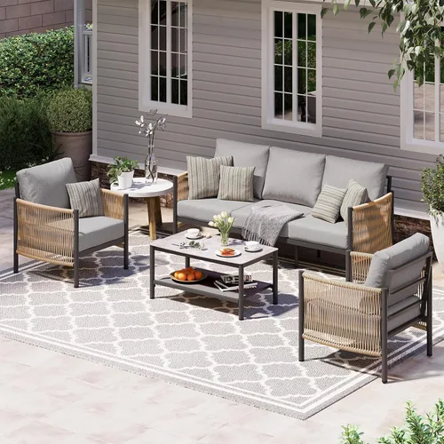 Vista 18 de Sofá de dos plazas de aluminio para patio exterior, sofá de patio de cuerda HDPE con cojín grueso lavable, muebles de patio para todo tipo de clima