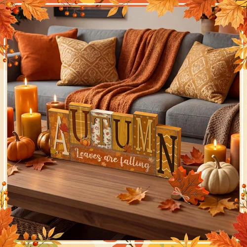Vista 3 de Threehoney 8 piezas de decoración de mesa de otoño, hojas rústicas de otoño, letrero de madera, hojas de arce, bloque de madera, centro de mesa