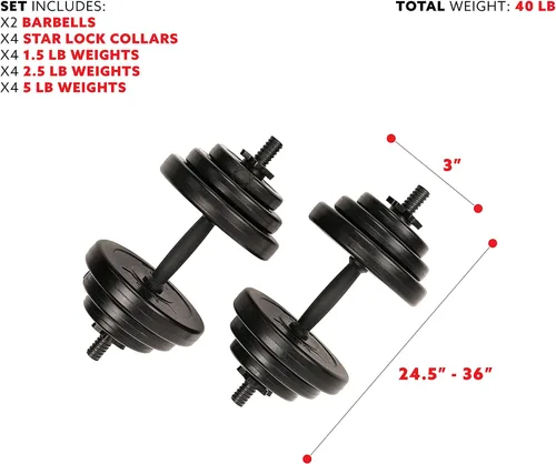 Vista 4 de Sunny Health & Fitness Juego de mancuernas de vinilo para ejercicio de 40 libras, pesas de mano para entrenamiento de fuerza, pérdida de peso, banco