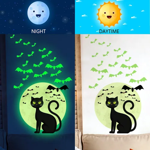 Vista 3 de Calcomanías de pared de Halloween que brillan en la oscuridad, calcomanías de pared de Halloween, calcomanías de pared luminosas de gato