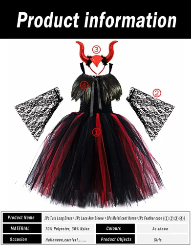 Vista 4 de L'VOW Vestido de princesa con encaje y tutú de tul para Halloween con cuernos de maléfica, capa de plumas