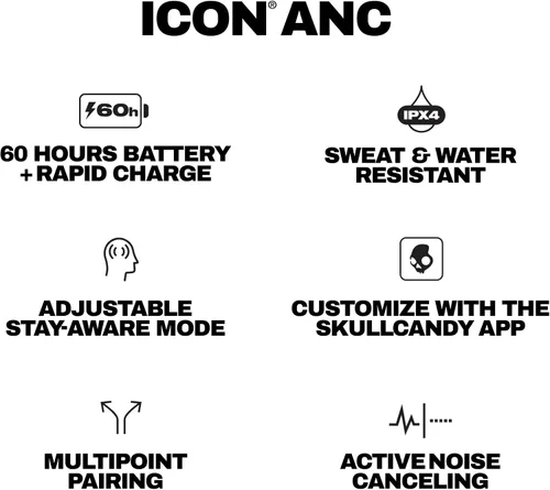 Vista 9 de Skullcandy Icon ANC - Auriculares inalámbricos con cancelación activa de ruido, Bluetooth, para la oreja, 60 horas de batería, resistentes al sudor
