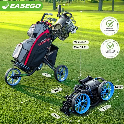 Vista 9 de EASEGO Carrito de golf con 3 ruedas: carrito plegable para bolsa de golf con soporte para teléfono/taza/paraguas, carritos de golf compactos