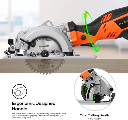 Vista 2 de Power Circular Saw,5.8A Mini Circular Saw,3500RPM Corded Saw Equipped with 2 Pcs 4-1/2" Blades，Maximum Cutting 1-11/16" at 90° and 1-1/8"at 45° for