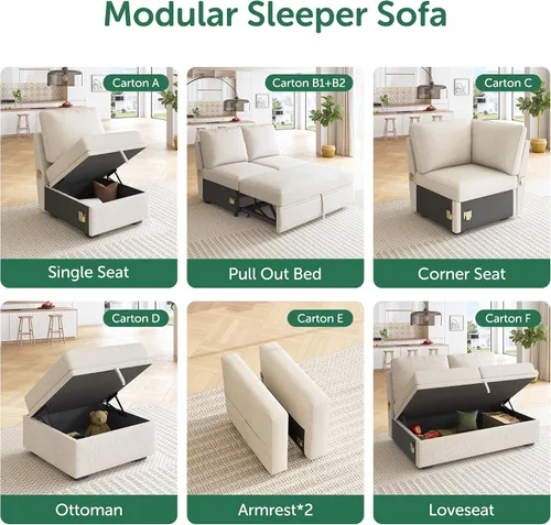 Vista 4 de HONBAY - Reposabrazos modulares para sofá cama modular, par de reposabrazos para sofá cama modular, color beige
