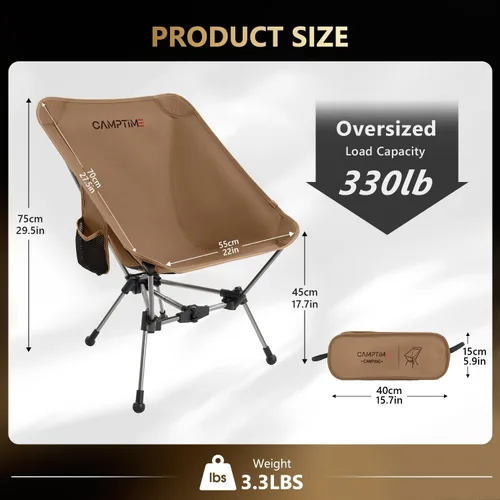 Vista 8 de Camptime Silla de camping portátil, silla de mochilero compacta ligera con bolsillo lateral, silla plegable de asiento ancho para camping