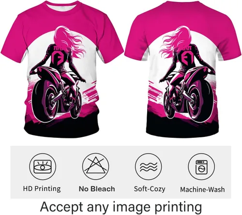 Vista 3 de Camiseta de motociclista rosa para niña, camiseta con tema de dibujos animados