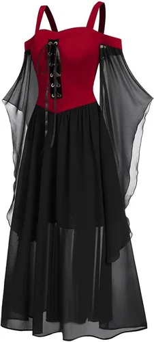 Vista 2 de Disfraz medieval para mujer, con hombros descubiertos, manga mariposa, vestido largo gótico, steampunk, con cordones, vestidos de fiesta