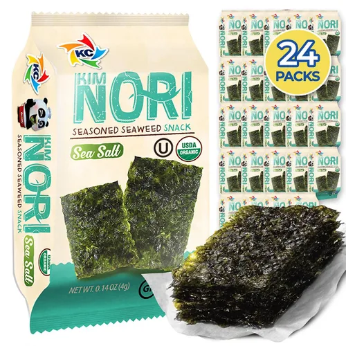 Vista 7 de KIMNORI Hojas de bocadillos de algas marinas sazonadas – Sabor dulce y picante con sal marina orgánica 24 paquetes individuales tostados crujientes