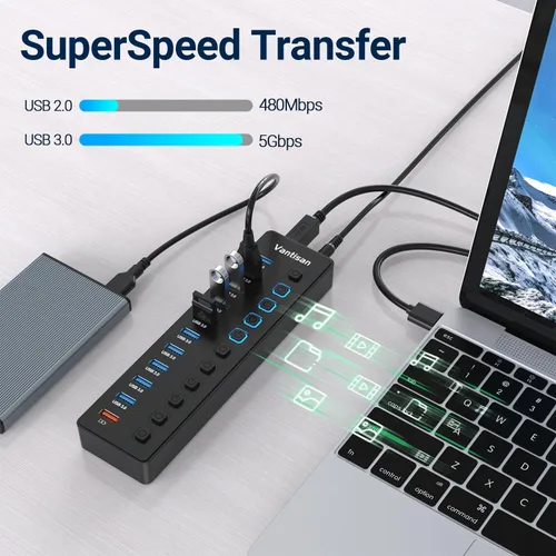 Vista 2 de Hub USB alimentado, divisor de concentrador USB 3.0 de 11 puertos, 10 puertos de transferencia de datos USB 3.0 + 1 puerto de carga inteligente