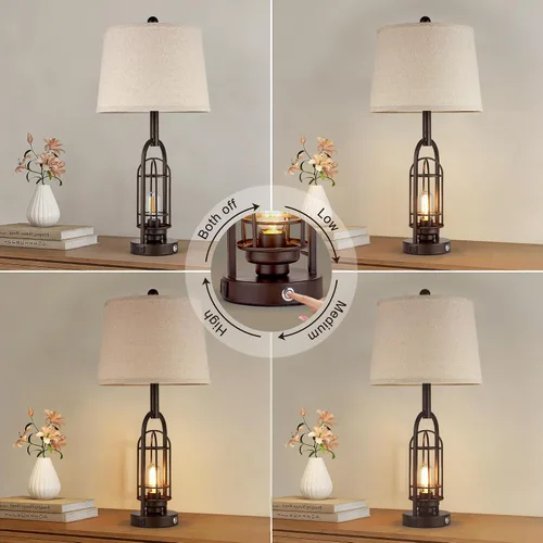 Vista 2 de Juego de 2 lámparas de sala de estar, lámparas de mesa de granja con puertos de carga USB A+C, lámparas táctiles para dormitorios con acabado
