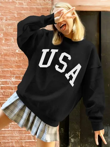 Vista 3 de Langwyqu - Suéter holgado de tamaño extragrande para mujer, diseño de cuello redondo y manga larga