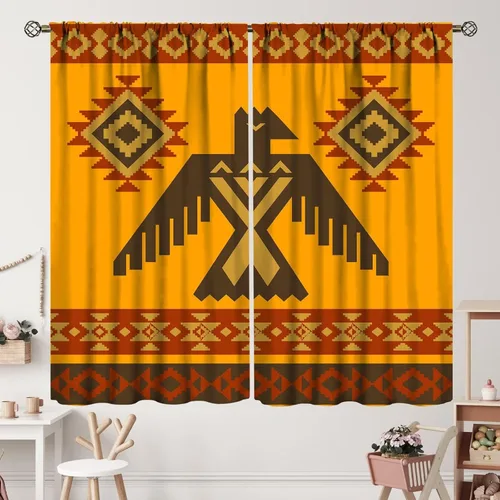 Vista 186 de Cortinas con patrón geométrico tribal, estilo suroeste, azteca, rústico, occidental, nativo americano, opacas, con bolsillo para barra, decoración
