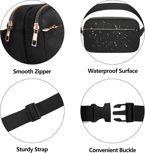 Vista 4 de Riñonera de moda para mujer con correa ajustable para viajes, correr, senderismo, caminar, 3-Cremallera Negro, 1 paquete de cangurera de 3