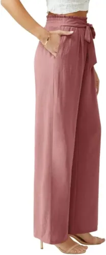 Vista 4 de Pantalones casuales de pierna ancha para mujer, cintura alta, cinturón atado, negocios, trabajo, pantalones casuales, holgados, holgados