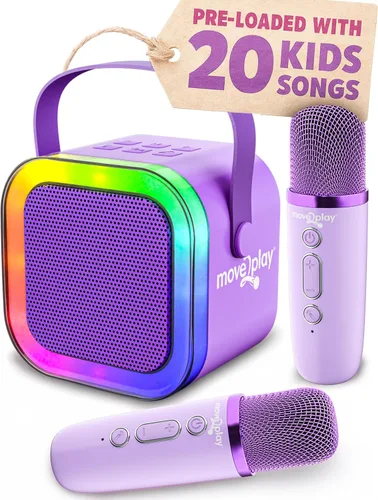 Vista 12 de Move2Play, Mini máquina de karaoke para niños Más de 20 canciones integradas Altavoz Bluetooth con micrófonos Efectos de voz Juguete musical