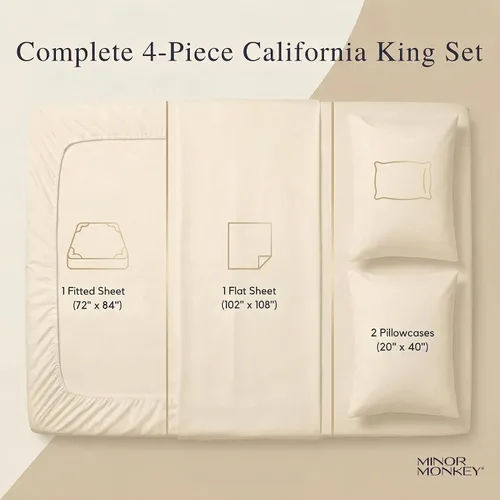 Vista 2 de Juego de sábanas 100% de algodón egipcio, tamaño King, 4 piezas, suaves, transpirables y refrescantes, para cama de tamaño King, juego de sábanas