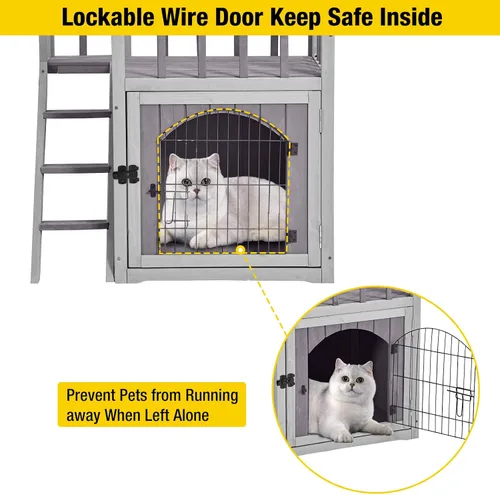 Vista 5 de Aivituvin Casa para gatos al aire libre con puerta de alambre con cerradura, refugio de madera para perros, condominio para interiores con balcón