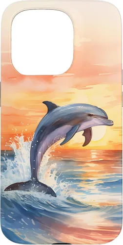 Vista 14 de Dolphin Jumping Sunset Over Ocean Watercolor Art Case for iPhone 17