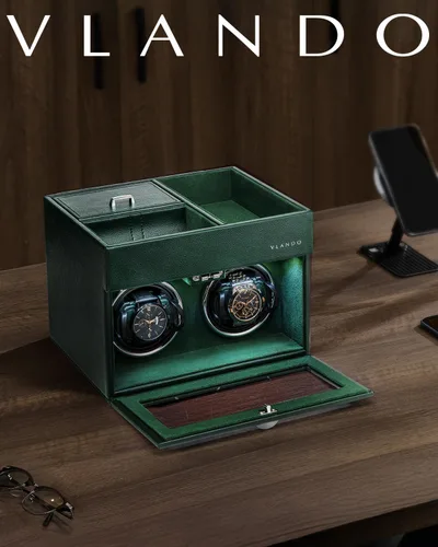Vista 2 de VLANDO - Bobinadora doble para relojes automáticos con bandeja de joyas, color verde