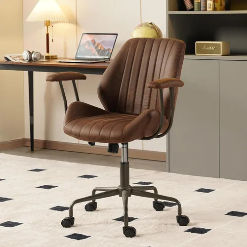 Vista 16 de Silla de oficina ergonómica para grandes y altos, silla ejecutiva moderna de mediados de siglo con soporte lumbar, respaldo alto, cojín grueso, piel