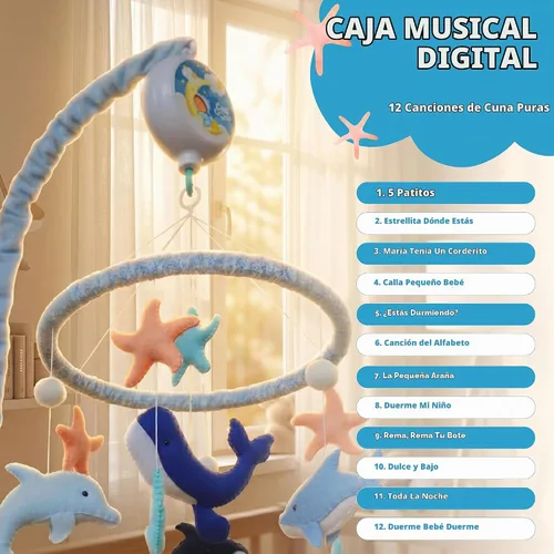 Vista 4 de Ocean Baby Mobile para cuna, cuna móvil con música, criaturas marinas