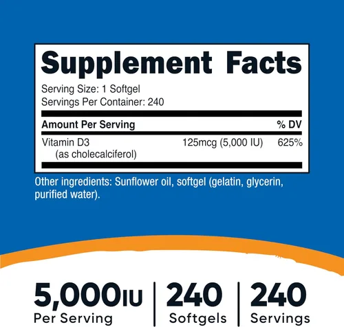 Vista 2 de Nutricost Vitamina D3 5,000 UI, 240 cápsulas blandas - Vitamina D sin OMG y sin gluten