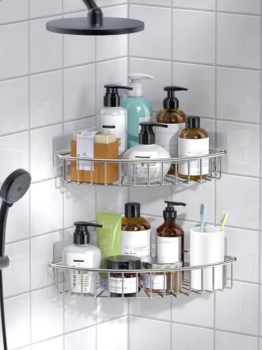 Vista 5 de SMARTAKE Paquete de 2 organizadores esquineros para ducha, acero inoxidable SUS304, estante de baño montado en la pared con adhesivo, organizador