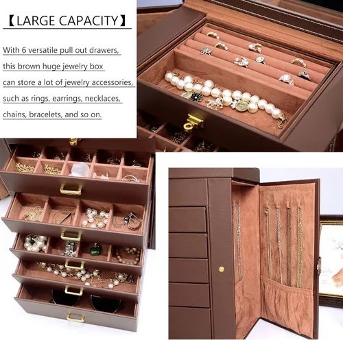 Vista 4 de AKOZLIN - Organizador de joyas grande de 6 niveles, con cerradura, funcional y enorme, con 5 cajones, de cuero, para mujeres y niñas, para anillos