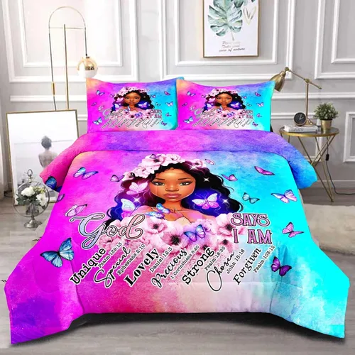 Vista 12 de Juego de edredón de niña negra tamaño individual para niños, juegos de ropa de cama mágica de niña negra, juego de edredón de princesa melanina