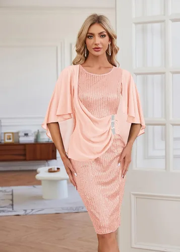 Vista 8 de Hanna Nikole Vestidos de lentejuelas para mujer, de gasa, con volantes, manga de capa, para fiesta, club, cóctel