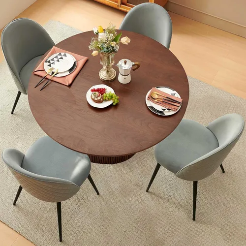 Vista 3 de Homedot Juego de mesa de cocina y comedor para 4, mesa de comedor de madera de nogal, redonda y tapizada, juego de sillas laterales de cocina