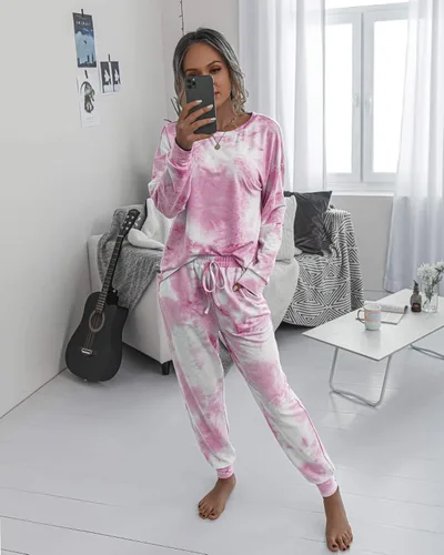 Vista 2 de Prettygarden - Conjunto de pijama para mujer, teñido anudado, de dos piezas, pijama con camiseta de manga larga y pantalón largo, con bolsillos