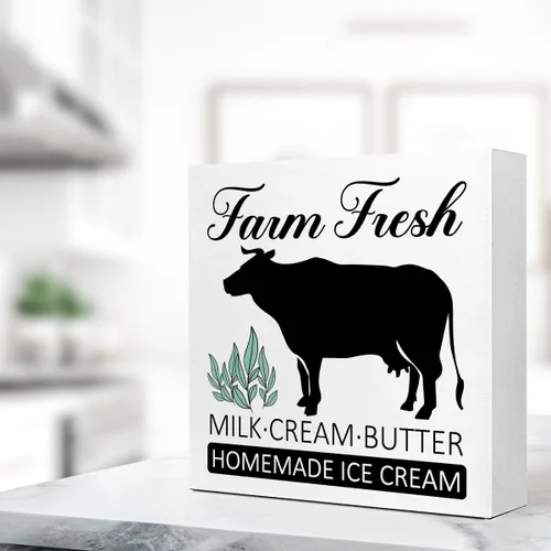 Vista 4 de LVQHI Letrero de madera artesanal con diseño de granja de crema de leche fresca y mantequilla, heladería casera, letrero de granja lechera