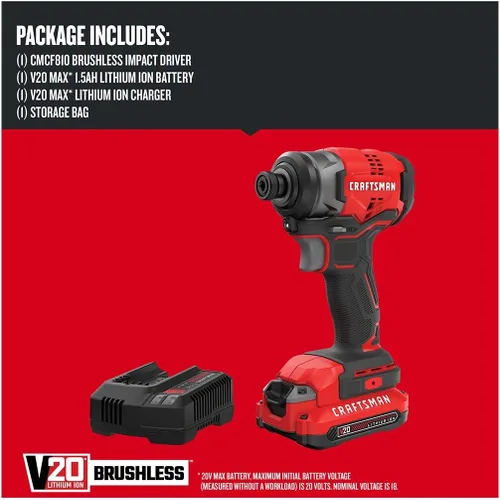 Vista 3 de CRAFTSMAN V20 Kit de destornillador de impacto inalámbrico, 1/4 de pulgada, batería y cargador incluidos (CMCF810C1), negro y rojo