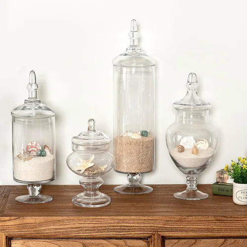 Vista 4 de MyGift Juego de 4 tarros de boticario de vidrio transparente con tapas, decoración de baño, bufé de dulces, centro de mesa de boda, tarro decorativo