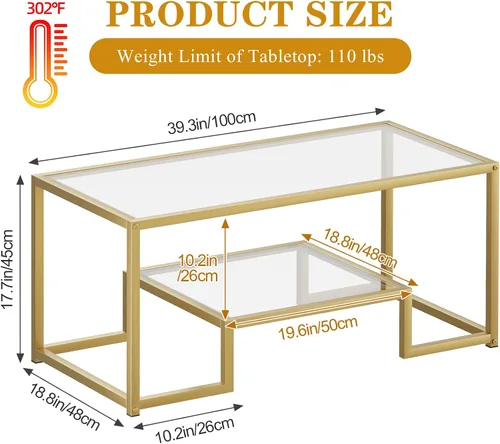 Vista 3 de Wolawu Mesa de café Mesa de café de vidrio dorado para la sala de estar, mesa central rectangular de 2 niveles con marco de metal resistente, mesa