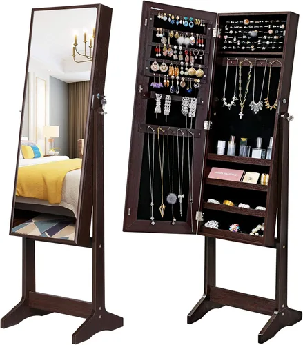Vista 3 de SONGMICS - Armario gabinete de joyería con espejo espejo grande de pie de cuerpo completo organizador de joyas con cerradura color marrón UJJC69BR