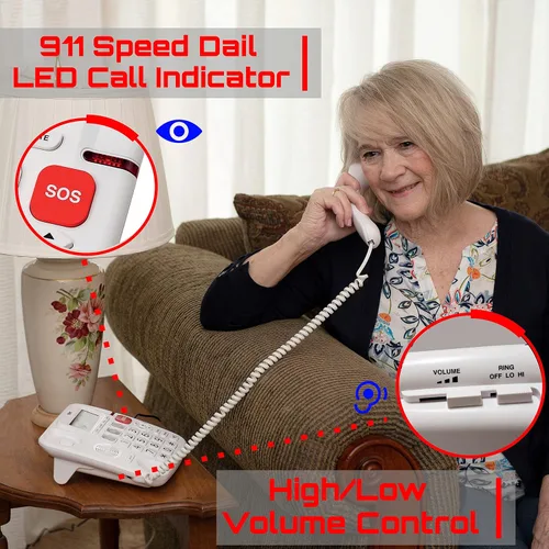 Vista 2 de Tyler Teléfono de botón grande para teléfono fijo de personas mayores - Timbre fuerte para personas con discapacidad auditiva - Dail de velocidad