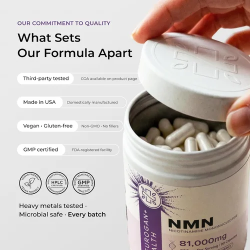 Vista 9 de Neurogan Suplemento beta NMN (β-NMN) – 900 mg por porción, 99.6% de pureza – Precursor de NAD+ para energía celular y vitalidad – 90 cápsulas