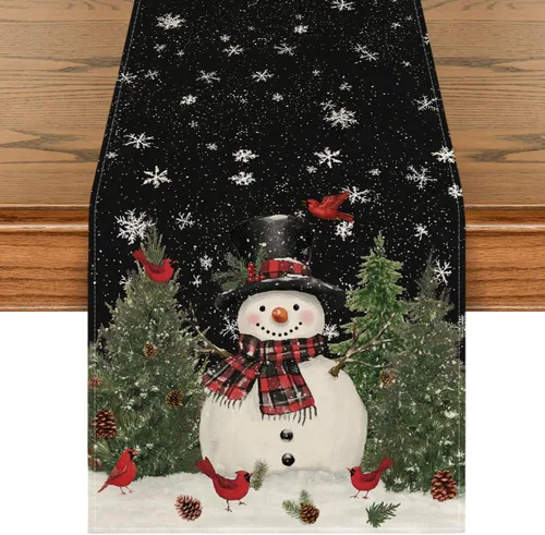 Vista 8 de Artoid Mode Camino de mesa con diseño de muñeco de nieve y pájaros de Navidad, decoración de mesa de comedor para interiores y exteriores