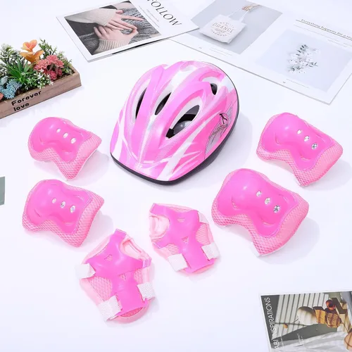 Vista 7 de Juego de casco para niños con equipo de protección deportiva: rodilleras, coderas, muñequeras, casco ajustable para niñas de 3 a 8 años de edad