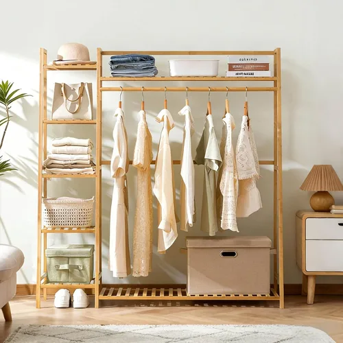Vista 6 de Bamboo Clothing Garment Rack, Free Standing Clothes Coat Hanger, Closet Organizer w/Shoe Rack, Multi-tiered Wardrobe Storage Shelves, Clothes