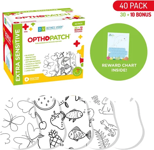 Vista 2 de Opthopatch Parches para ojos para niños, adhesivo extra sensible, colorea tu propio parche, 40 unidades + 1 tabla de recompensas